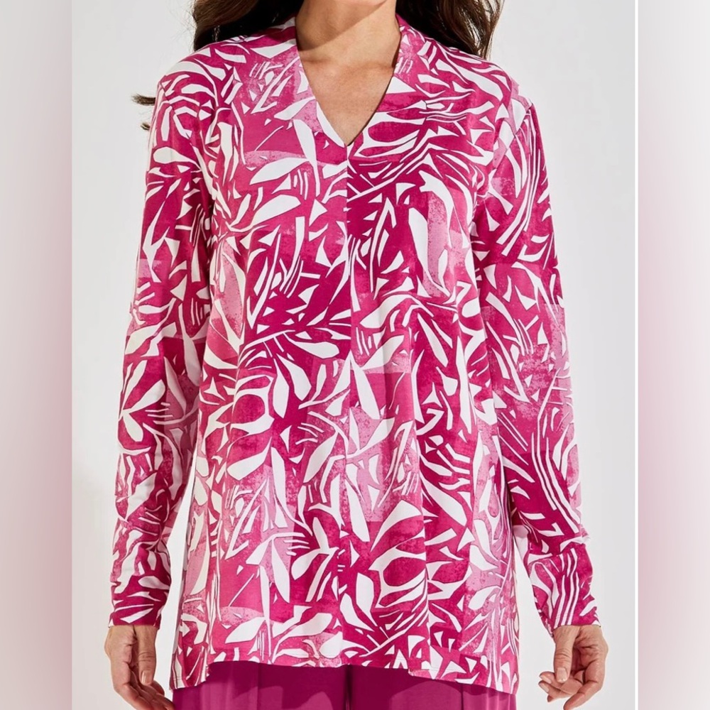 Coolibar Women’s Thera Tunic Top Size Small Pink Pattern UPF 50 V Neck Flowy